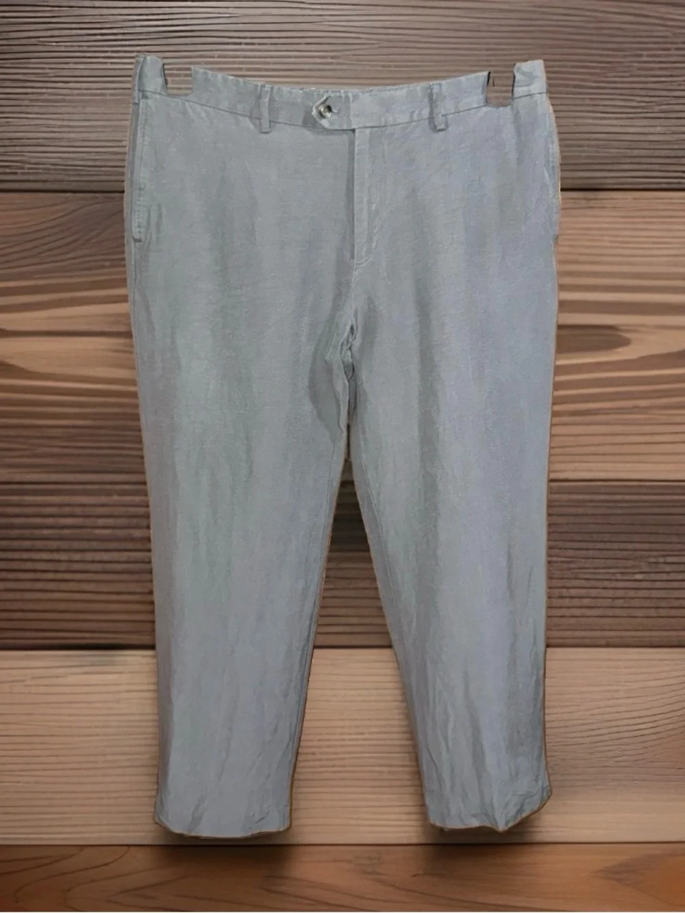 Men's Light Gray Linen Blend Casual Trousers - Classic Straight Fit-36x30-EC